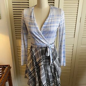 Diane Von Furstenberg Plaid Wrap Dress in Blue and Black
